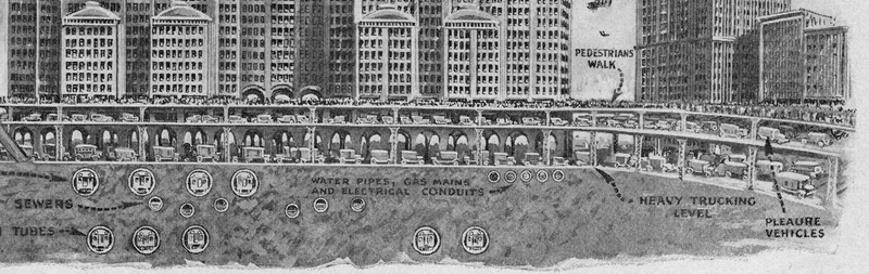 Detail of a 1923 illustration showing the underground network of transportation in the future (Science and Invention)